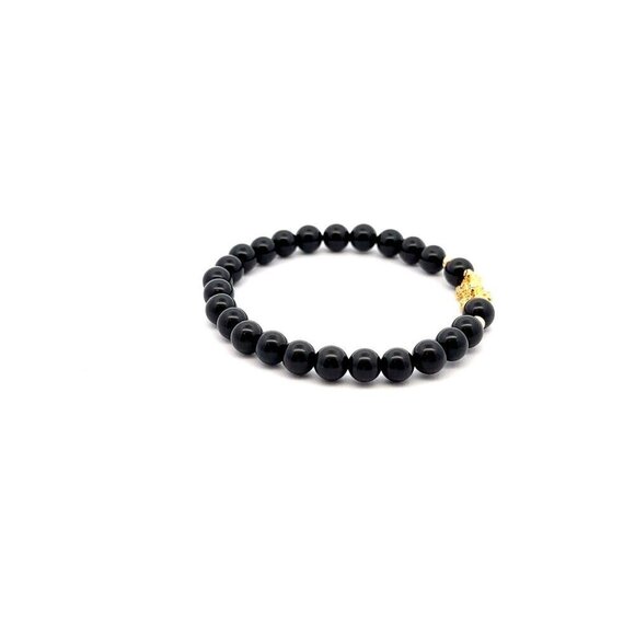 18K Gold Dragon Pixiu Piyao Lucky Charm Beads Bracelet Gemstones Onyx 6mm Size 6 - Picture 5 of 5